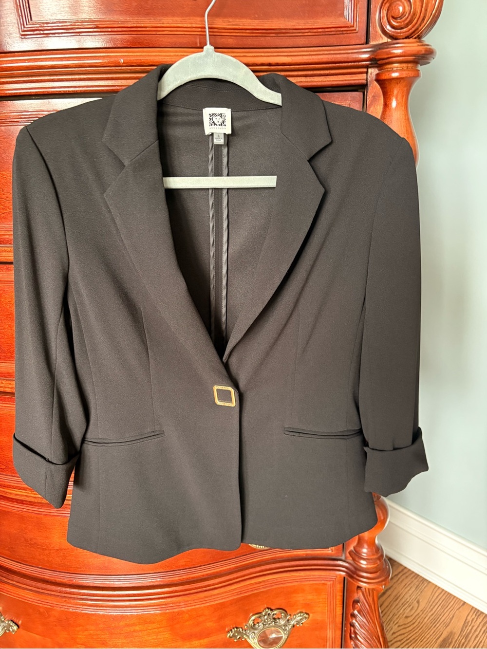 Anne Klein Black Blazer with Gold Square Accent Closure